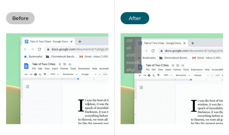 Chrome OS before and after Sticky Keys is enabled